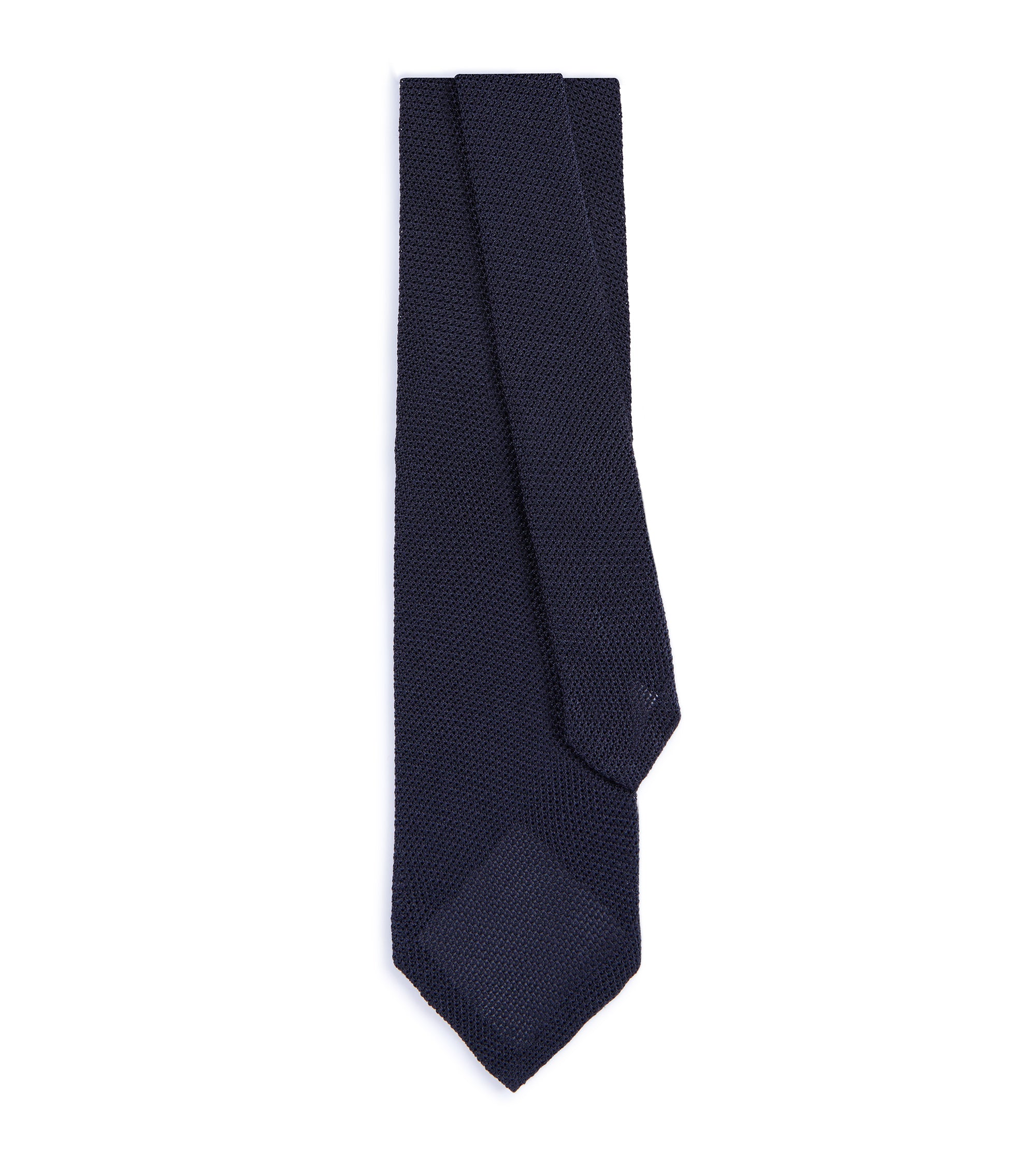 A navy-colored silk grenadine weave tie with hand-rolled edges, displayed on a plain background.