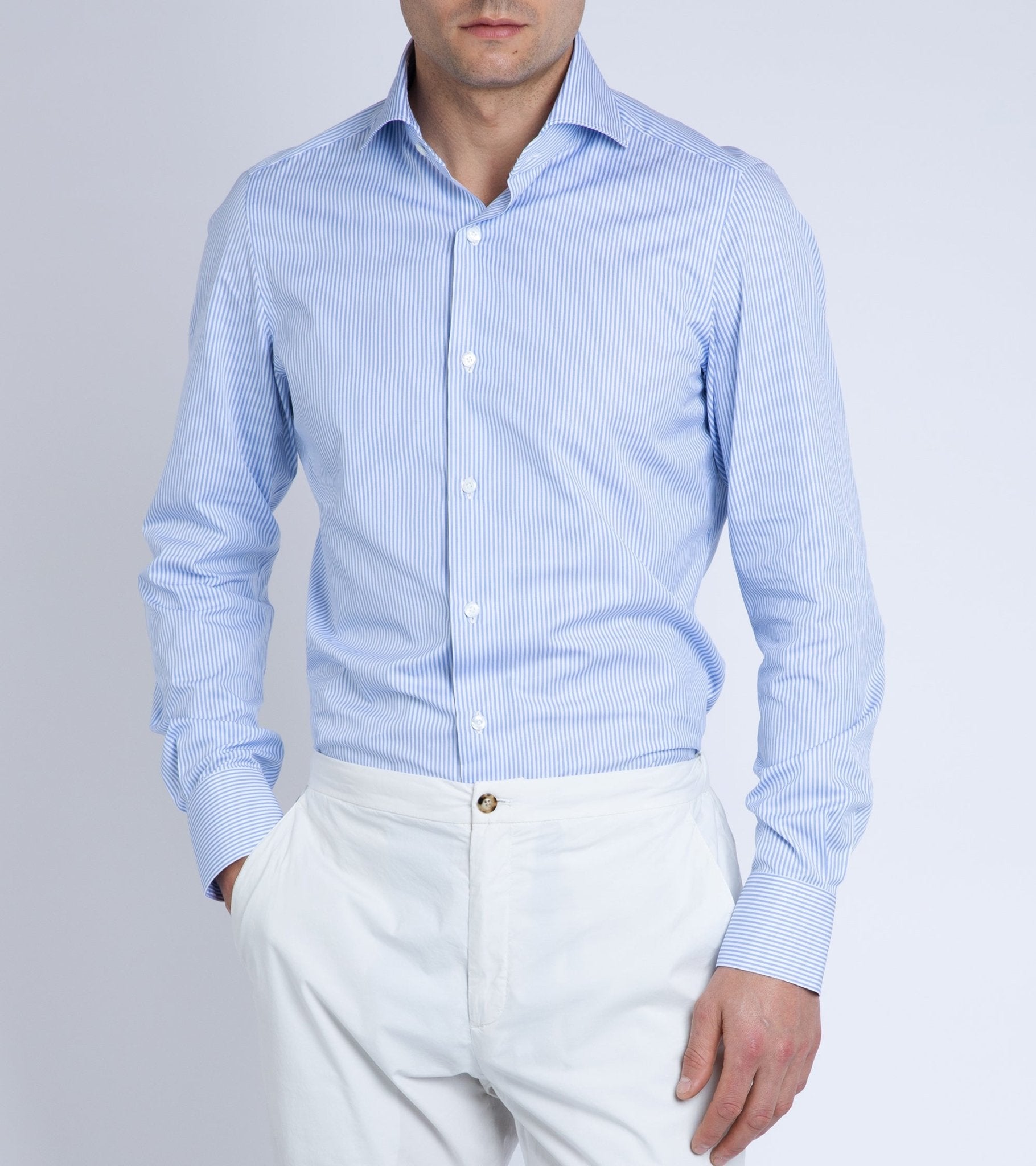 Finamore Milano Eduardo 120 Double Twist Cotton Formal Shirt: Blue Stripe - Trunk Clothiers