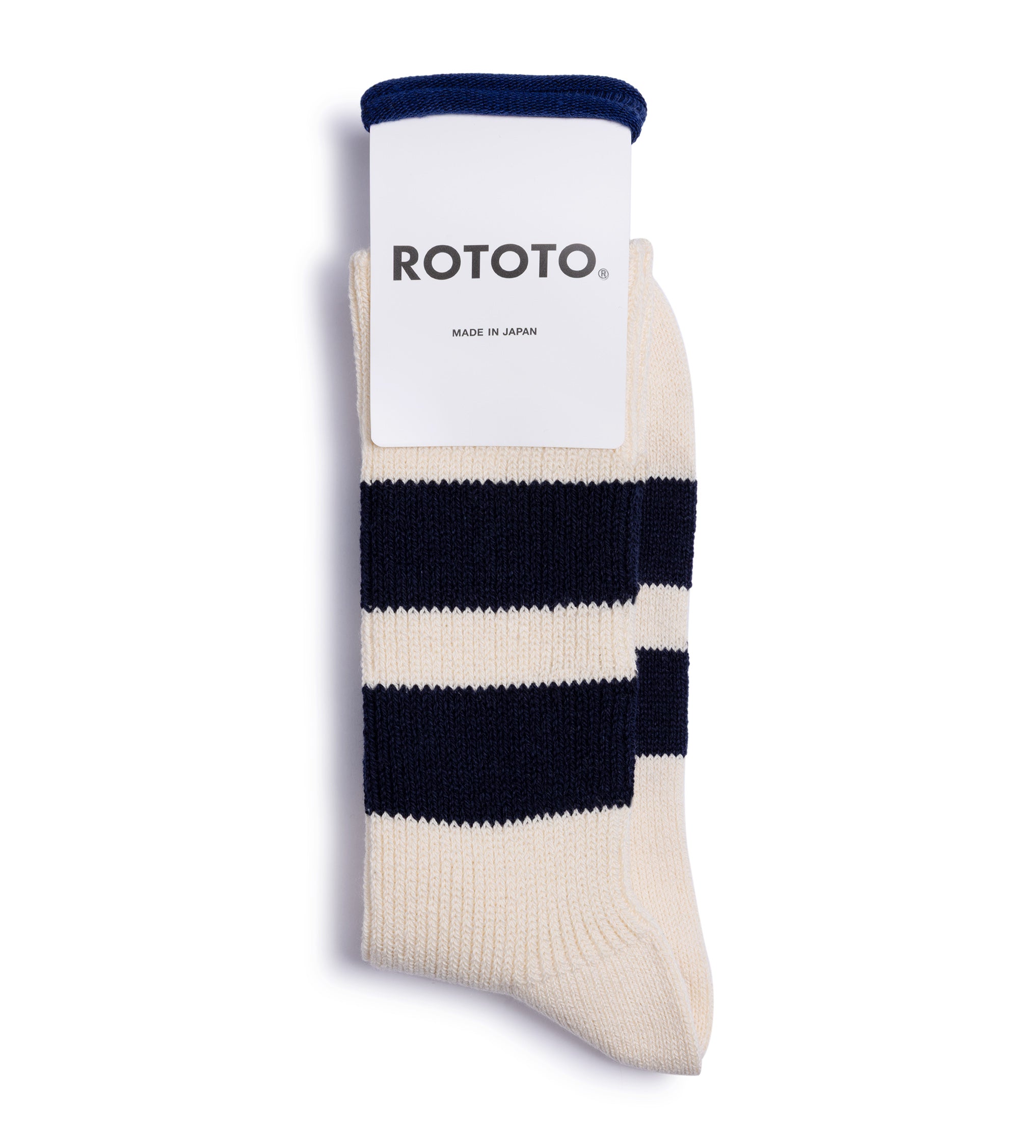 RoToTo Recycled Cotton Stripe Crew Socks: Ecru/Navy