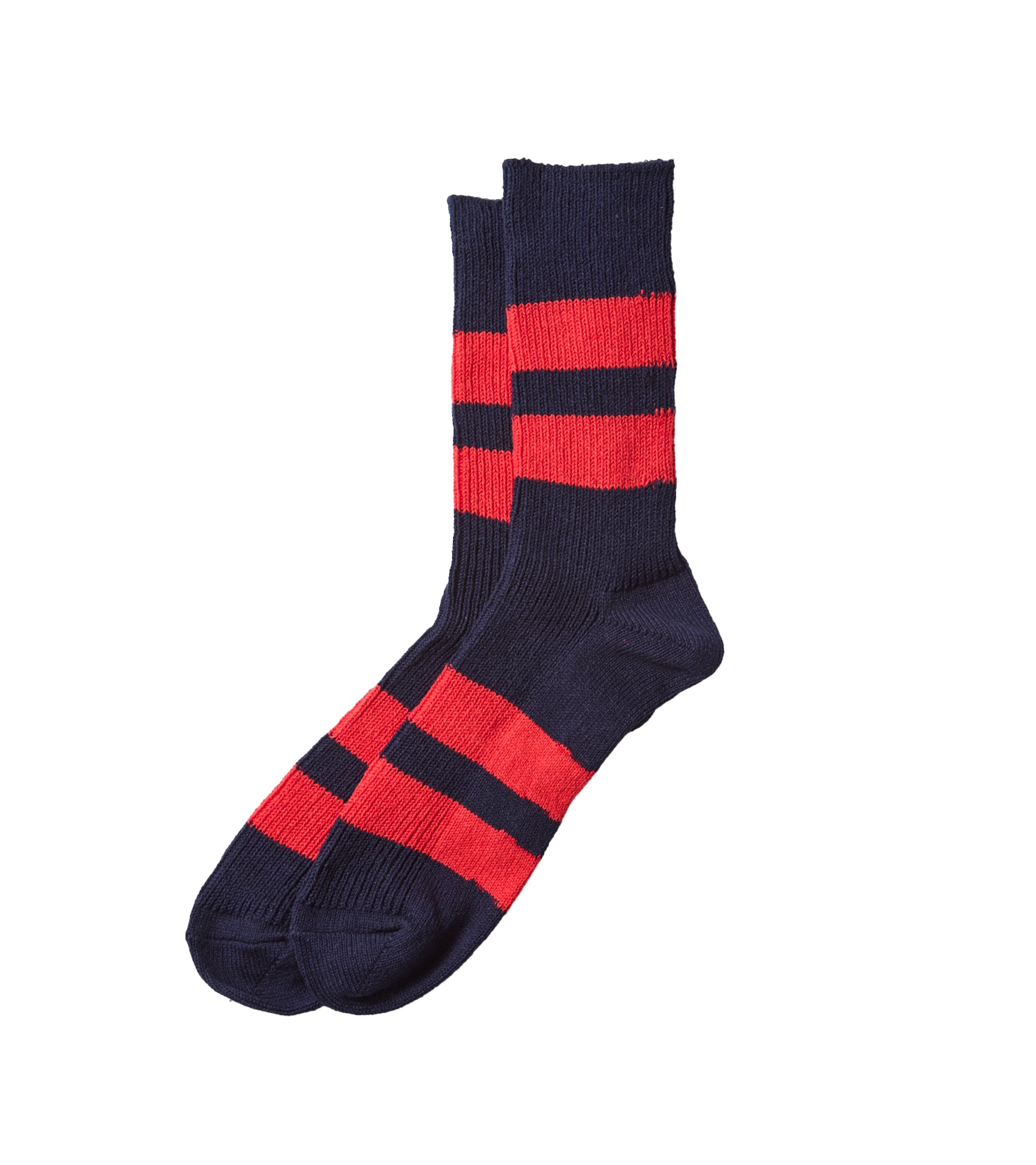 RoToTo Recycled Cotton Stripe Crew Socks: Navy/Red