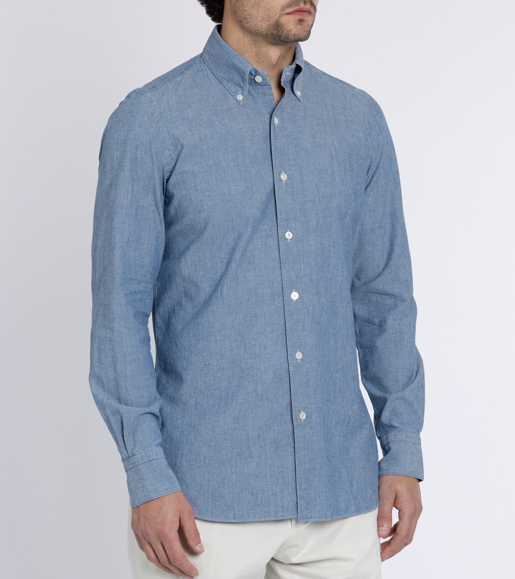 Finamore Gaeta Classic Cotton Leonardo Button Down Sport Shirt: Chambray