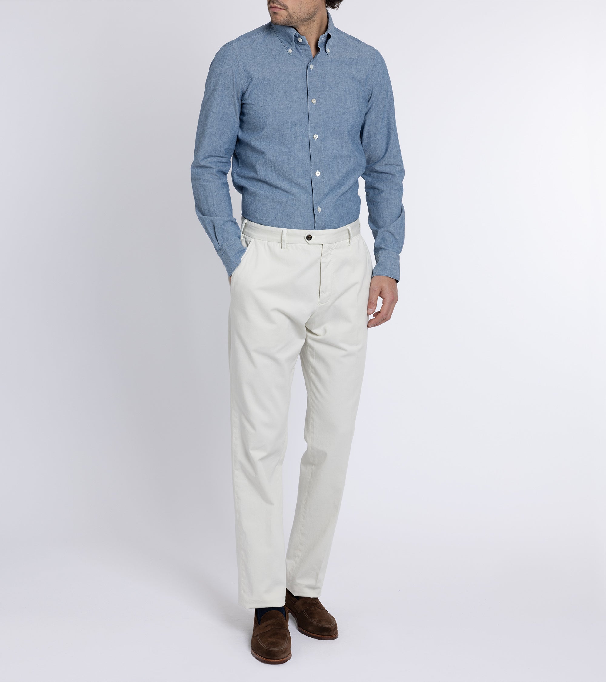Finamore Gaeta Classic Cotton Leonardo Button Down Sport Shirt: Chambray