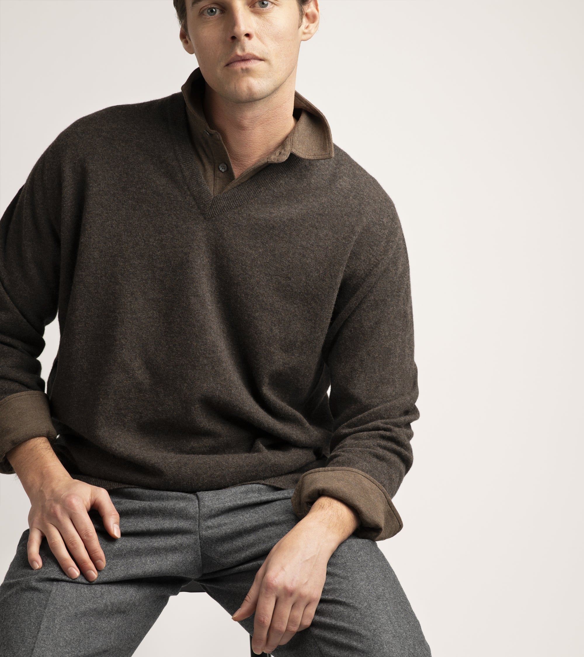 Trunk Moxon Long Sleeve Polo Shirt: Brown Marl