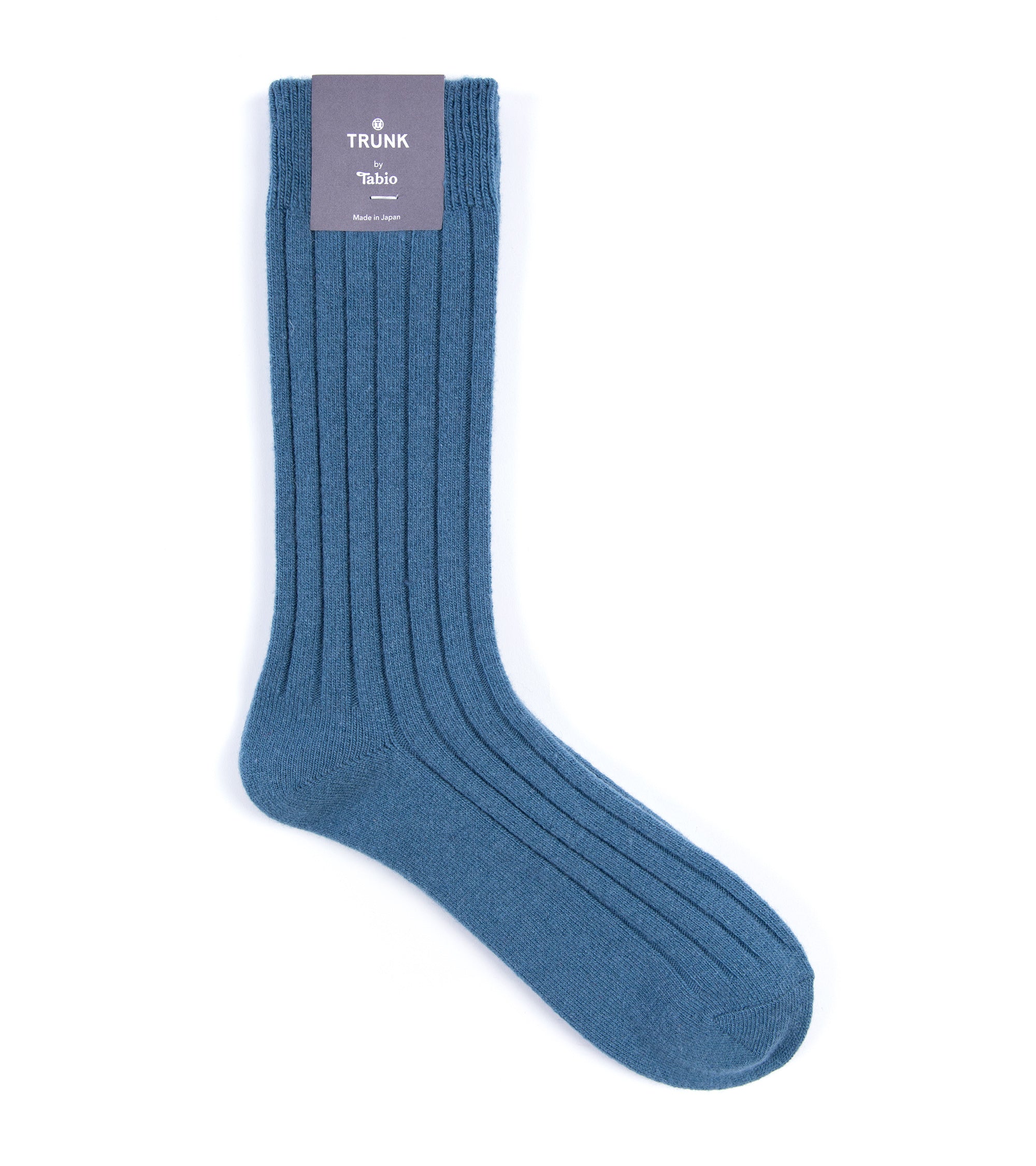 A pair of blue Tabio Merino Ribbed Socks displayed against a white background, showcasing the ribbed texture and ankle opening.